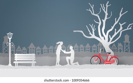 Illustration of love with Couple propose in the park.Paper art style