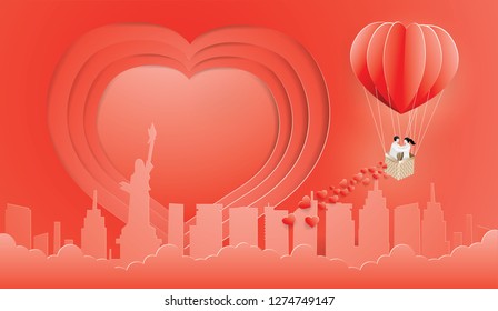 Illustration of love with Couple in red balloon on the sky coming to New York City USA background,Valentine Day Concept,paper art and vector style  
