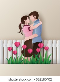 Illustration of love ,   couple standing hugging on a grass field with heart flower .paper art style.