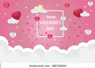 Illustration of Love and Creative Valetine day background,Hot air balloons flying on the sky with hearts float on the sky.Concept for greeting card,Wallpaper,Web banner,Sale offer,poster,flyer,leaflet