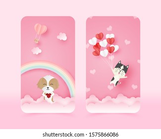 Illustration of love cute mobile wallpaper in paper cut style. Digital craft paper art Happy dog and flying cat.