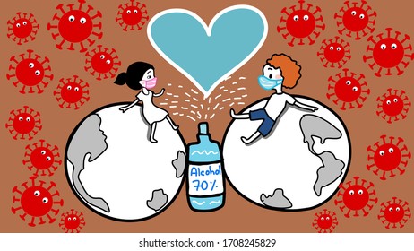 illustration of love during virus time, boy and girl is on their own world and got alcohol gel bottle in the middle and got heart above it.