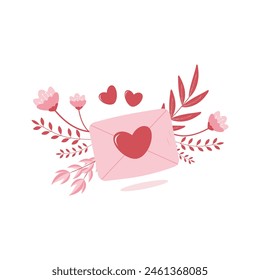 Illustration of a love envelope, message in cartoon flat style on white isolated background. Vector