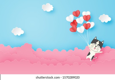 ilustración del amor. Gato feliz flotando en el cielo con globo de forma cardíaca en estilo de corte de papel. Arte digital de papel de San Valentín.