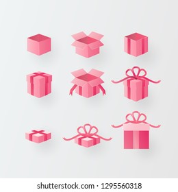 Illustration of Love and happy Valentine day pink gift box set Icon Paper art and digital craft style. vector.