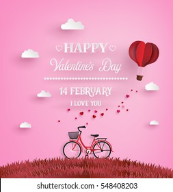 Illustration of love and happy valentine day,Red bike on the grass with heart shape balloons  floating on the sky with message. paper art and craft style.
