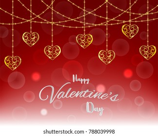 Illustration of love and happy valentine's day,bubble with gold heart shape floating on red background with message