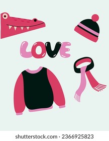 Illustration Love with Hat, Sweater, Scarf, and Crocodile