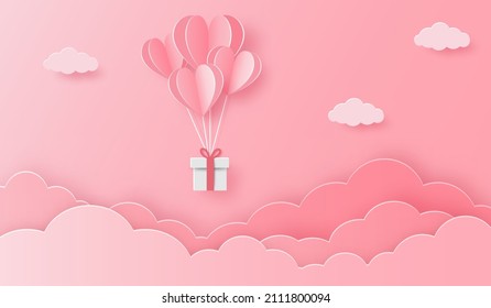 ilustración del amor con globo de corazón, caja de regalo y nubes en el cielo rosa. Para el día de San Valentín, cumpleaños, invitación, tarjeta de saludo, afiches y fondo de pantalla. Estilo de corte de papel. Ilustración del vector