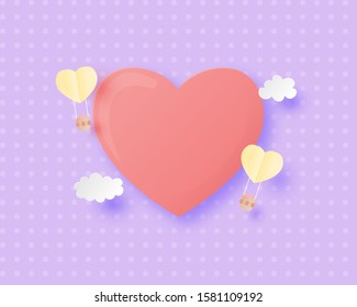 Illustration of love a heart shape with hot air balloon and clouds in paper cut style. Digital craft paper art Valentine's day concept.