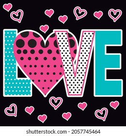 Illustration love, hearts text with pink and blue polka dots