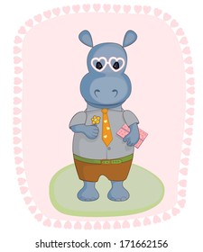 Illustration of in love hippo in heart-shaped sunglasses