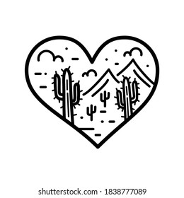 Illustration Love icon and desert cactus landscape line art design abstract