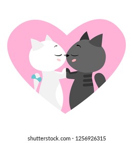 Illustration of love kissing couple of cats - Valentines day postcard. Cartoon kittens in love