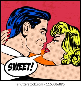 Illustration of Love Kissing Couple - Valentines day postcard. Hollywood movie scene, first date kiss, movie poster. Comic book retro vector Pop Art style