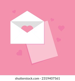 Illustration of a love letter. Envelope and blank paper with hearts.