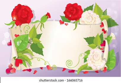 illustration of love letter with hearts and flowers - rose, daisy, bluebell, violet on pink background, horizontal format