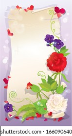 illustration of love letter with hearts and flowers - rose, daisy, bluebell, violet on pink background, vertical format