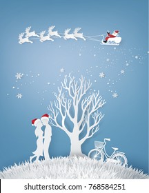 Illustration of Love ,Lovers are hugging  In a meadow with tree without leave and Santa Claus on the sky , Winter and Christmas season, Paper art and craft style.