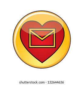 Illustration of Love mail or email Concept: A Glossy or Shiny Yellow Button with Red Heart containing a email icon