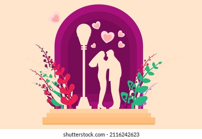 illustration of love on valentines day couples stand and say they love each other middle of flowers and leaves It's an art and craft from paper.