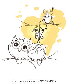 Illustration - love owls and Firefly with flashlight 