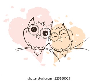 Illustration - love owls on a branch