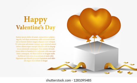 illustration love romance for valentine's day golden hearth balloon from white box. banner poster template.