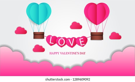 illustration of love romance for valentine's day event with flying balloon hearth and cloud shape paper craft origami style. Vector illustrator. Poster banner template