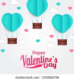 Illustration of love romance. Valentine's day banner. flying balloon hearth shape origami paper craft style with white background