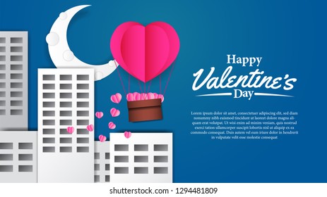 Illustration love romance for valentine's day banner template. Vector air balloon hearth shape origami paper craft style at the city
