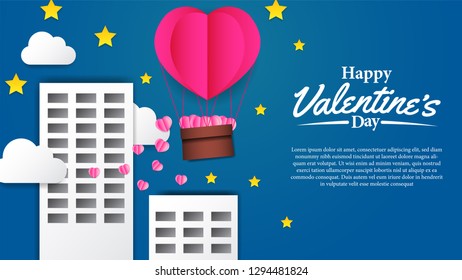 Illustration love romance for valentine's day banner template. Vector air balloon hearth shape origami paper craft style with tower building and cloud ans stars