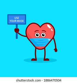 illustration of a love shaped character holding a poster. invitation to use a mask.