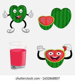 illustration of a love shaped watermelon with the expression of a watermelon icon and watermelon juice in a glass. This illustration is suitable for web banners, business symbols and a company.
