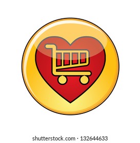 Illustration of Love Shopping Concept: A Glossy or Shiny Yellow Button with Red Heart containing a shopping trolley