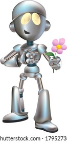 Illustration of love struck futuristic robot holding flower out