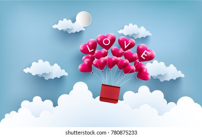 illustration of love symbol with art design and paper craft. there are balloons and hot air balloons as a symbol of love. happy Valentine day