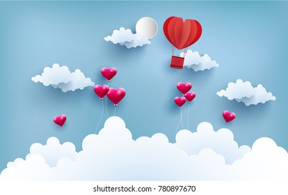 illustration of love symbol with art design and paper craft. there are balloons and hot air balloons as a symbol of love. Happy Valentine Day