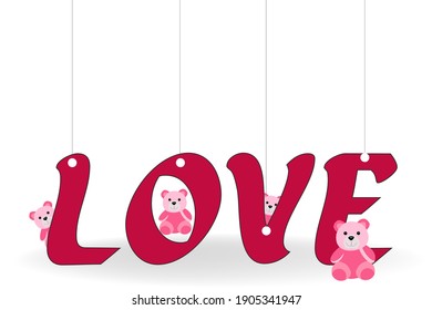 illustration of love text with background teddy bears on white background creative design for posters, banners, backgrounds.