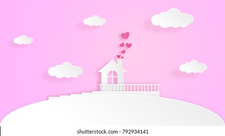 illustration of love and this house has love on Valentine's Day. Paper art style of valentine's day greeting card with place for your text area. paper art style. Vector, illustration.