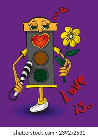 illustration of love with a traffic light with a rod and a flower in the hands