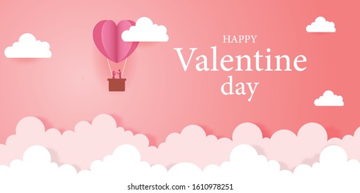 illustration of love and valentine concept. Love couple in air balloon floating in cloud .banner,  wallpaper, Poster, paper art and digital craft style.