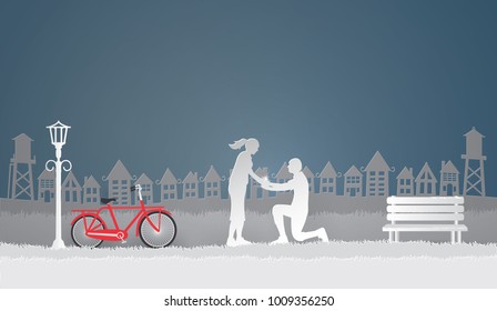 Illustration of love and valentine with Couple propose in the park.Paper art and Illustration