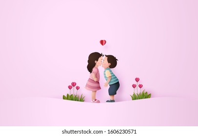 illustration of love and valentine day with babygirl and babyboy kissing. paper art collage style.