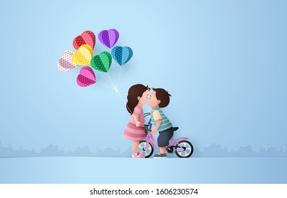 illustration of love and valentine day with babygirl and babyboy kissing. paper art collage style.