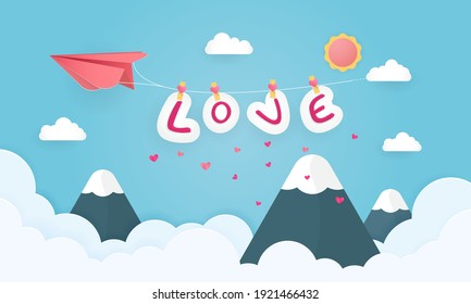 illustration of love and valentine day background. With paper plane , clouds and words of love are floating in the blue sky. Can be used for wallpaper, invitation, posters, banners. Paper cut style.