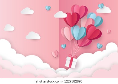 illustration of love and valentine day with balloon heart, and clouds. Paper cut style. Vector illustration