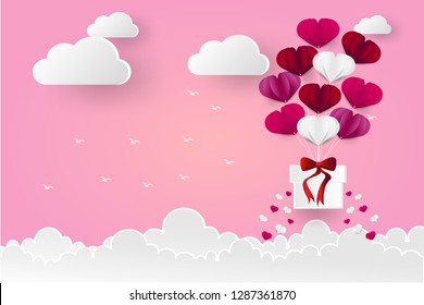 Illustration of love and valentine day, balloon heart shape hang the gift box float on the sky.paper art and digital craft style