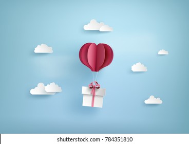 Illustration of love and valentine day, balloon heart shape hang the  gift box float on the sky.paper art and digital craft style.