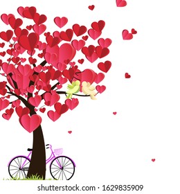 illustration of love and valentine day, love birds sit on a branch with pink bike and a tree made out of hearts. paper art and digital craft style.